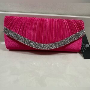 NWT pink satin clutch with silver accent